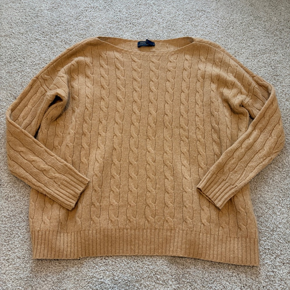 Polo Ralph Lauren Camel Merino Wool Cashmere Cable Knit Boat Neck Sweater XS